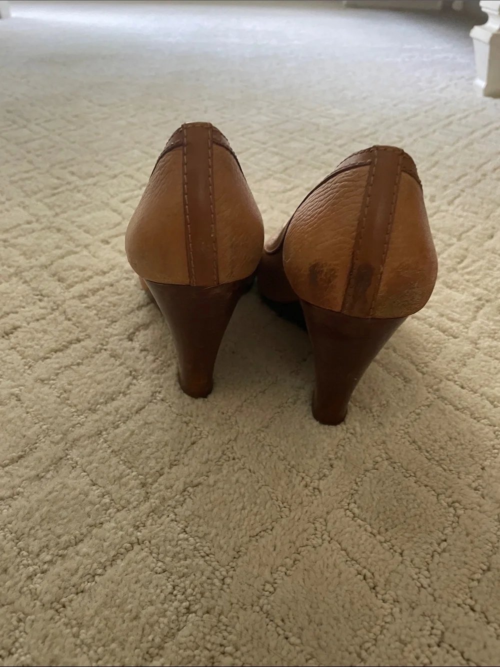 Tory Burch Brown Leather Peep-Toe Heels with Gold Logo Medallion